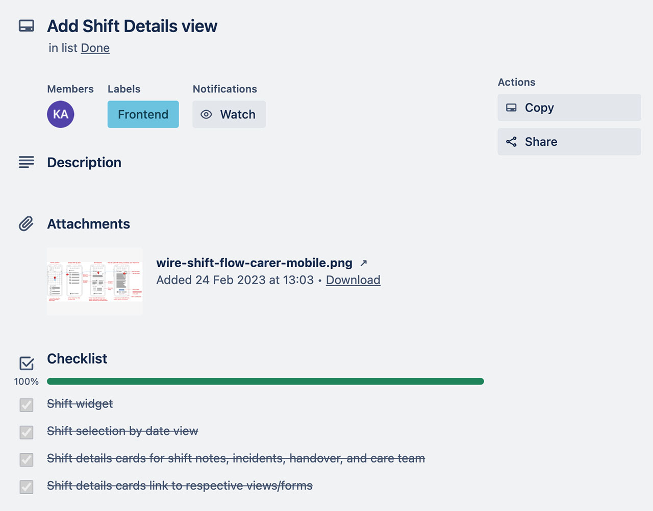 An example of a Trello work item used to track tasks while the project was in-progress